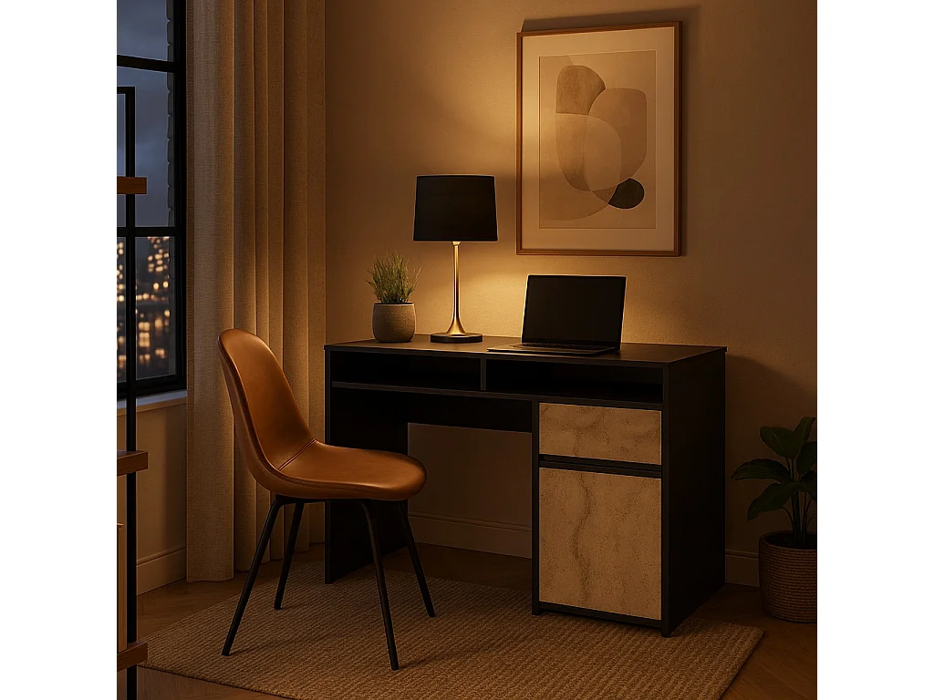 Isla Bureau modern 100 cm Tiroir et Armoire (Noir et Travertine)