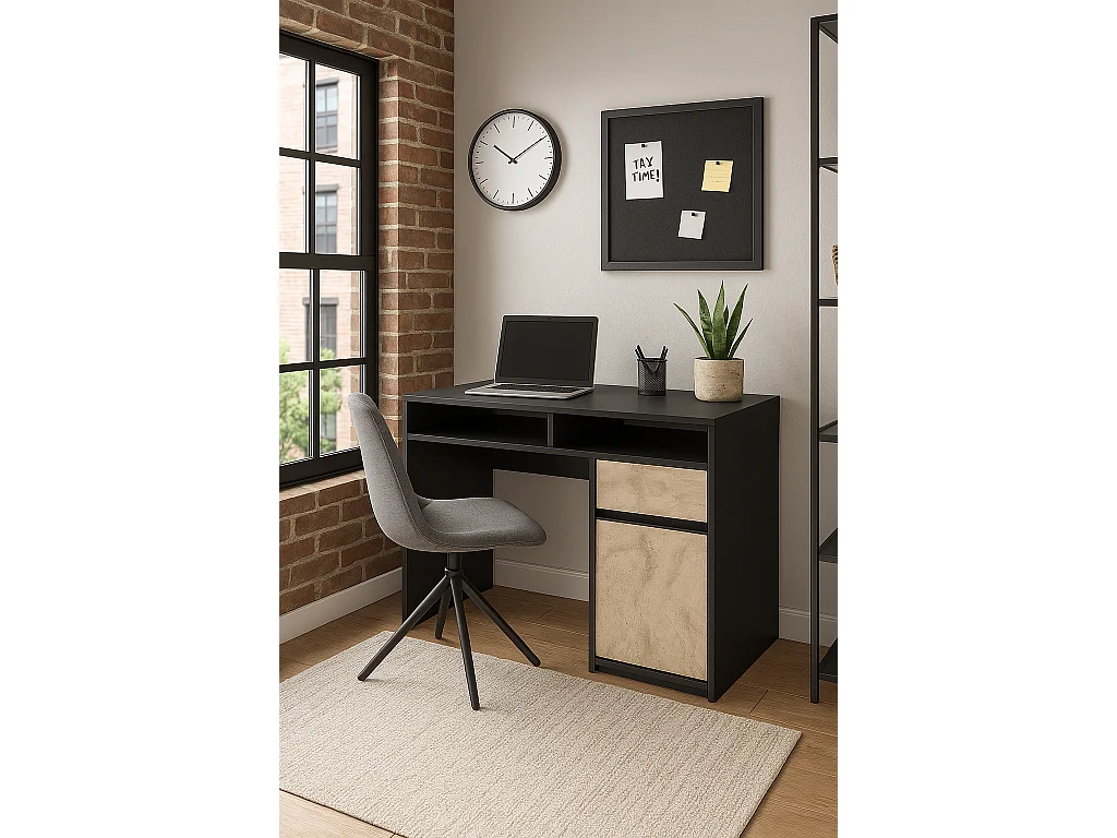 Isla Bureau modern 100 cm Tiroir et Armoire (Noir et Travertine)