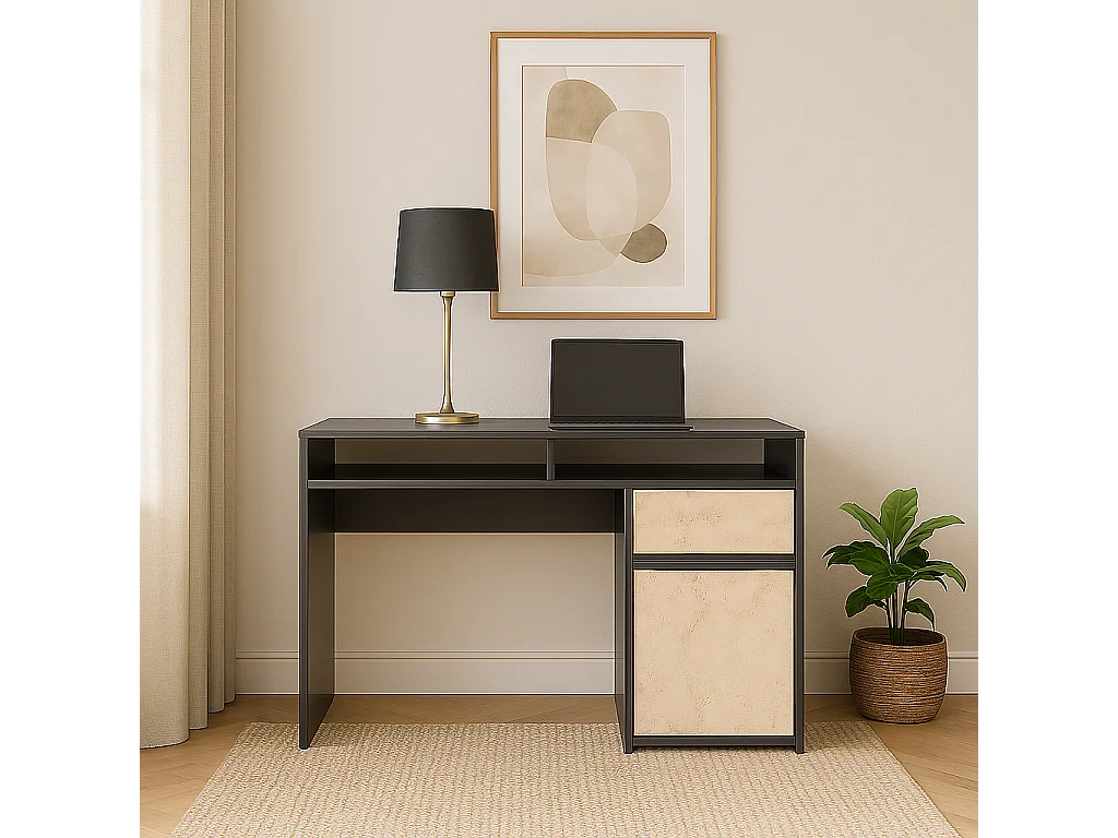 Isla Bureau modern 100 cm Tiroir et Armoire (Noir et Travertine)