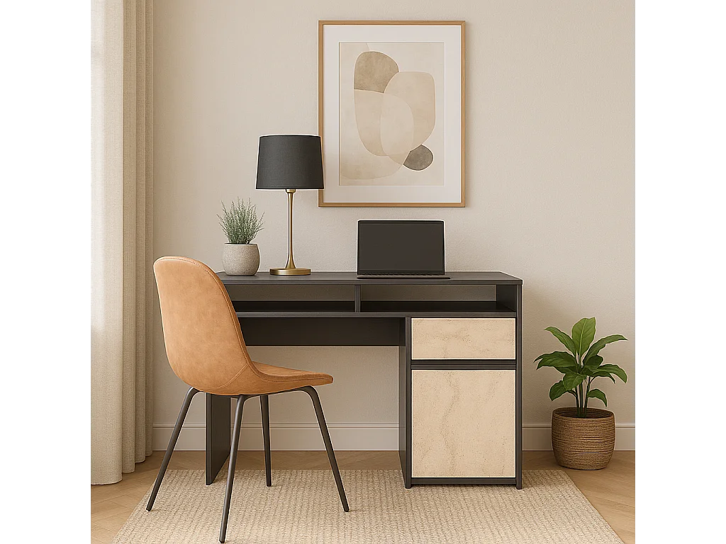 Isla Bureau modern 100 cm Tiroir et Armoire (Noir et Travertine)