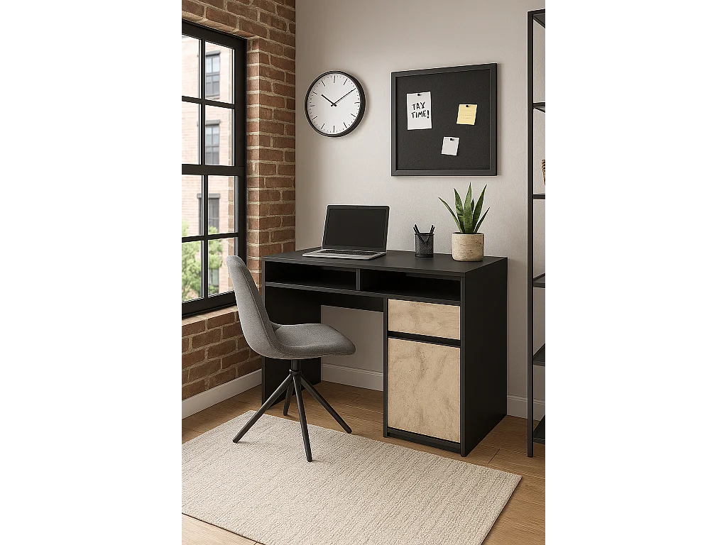 Isla Bureau modern 100 cm Tiroir et Armoire (Noir et Travertine)