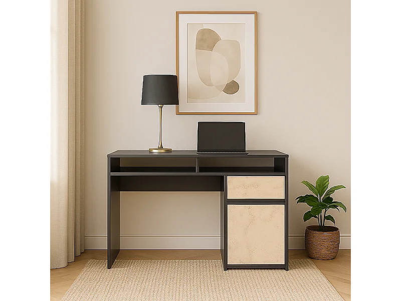 Isla Bureau modern 100 cm Tiroir et Armoire (Noir et Travertine)