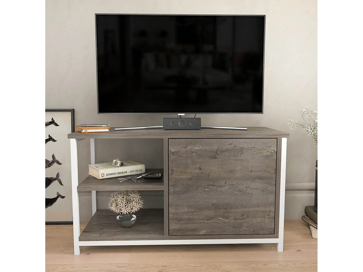 Meuble TV Muskegon 90 cm Placard et Étagères ouvertes (Blanc et Wenge)