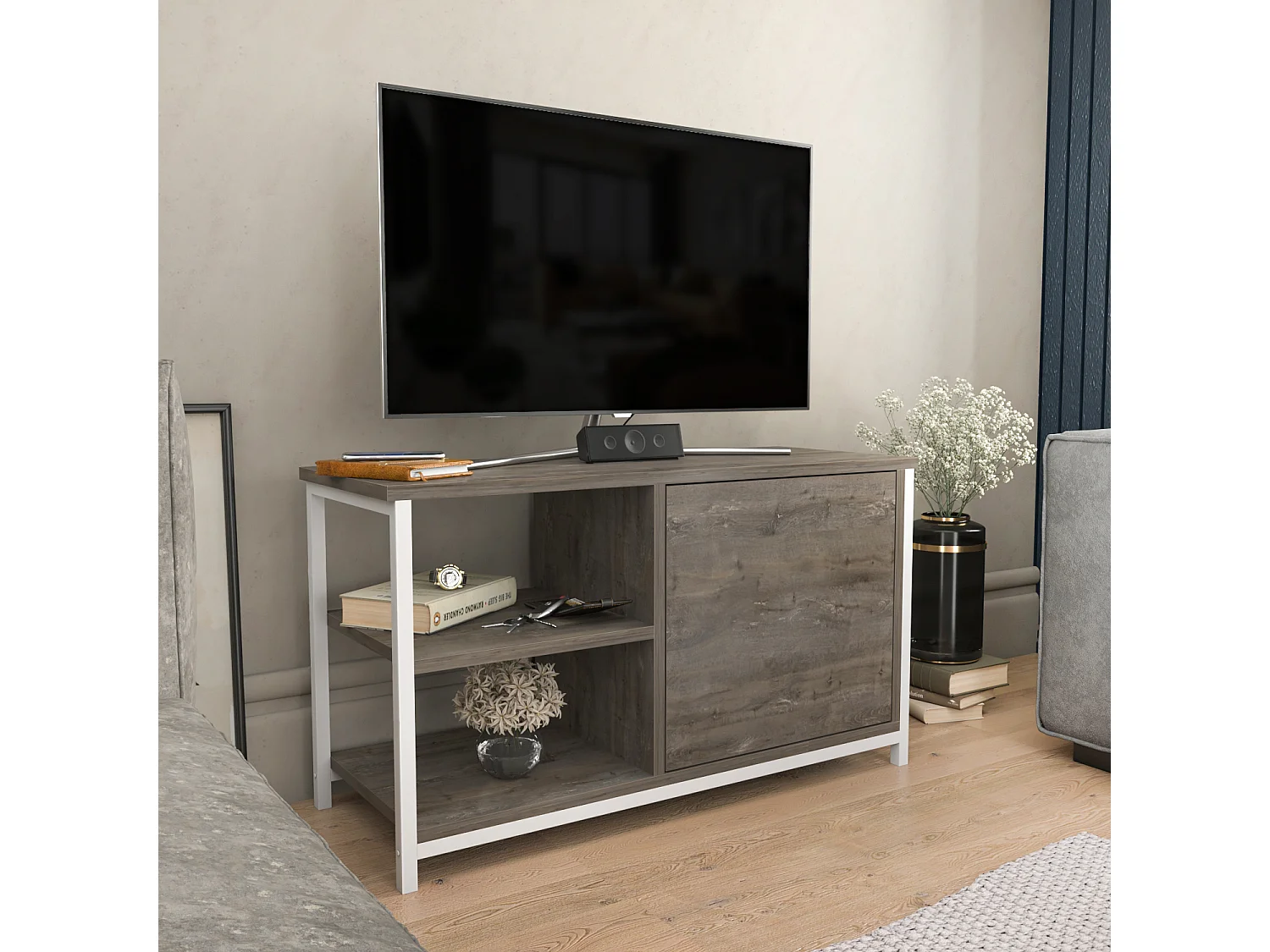 Meuble TV Muskegon 90 cm Placard et Étagères ouvertes (Blanc et Wenge)