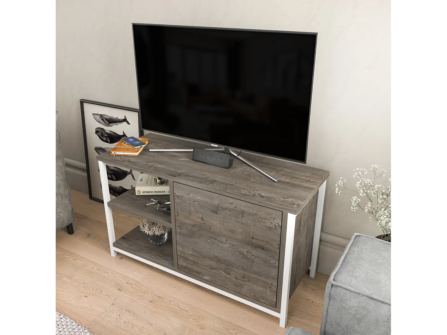 Meuble TV Muskegon 90 cm Placard et Étagères ouvertes (Blanc et Wenge)