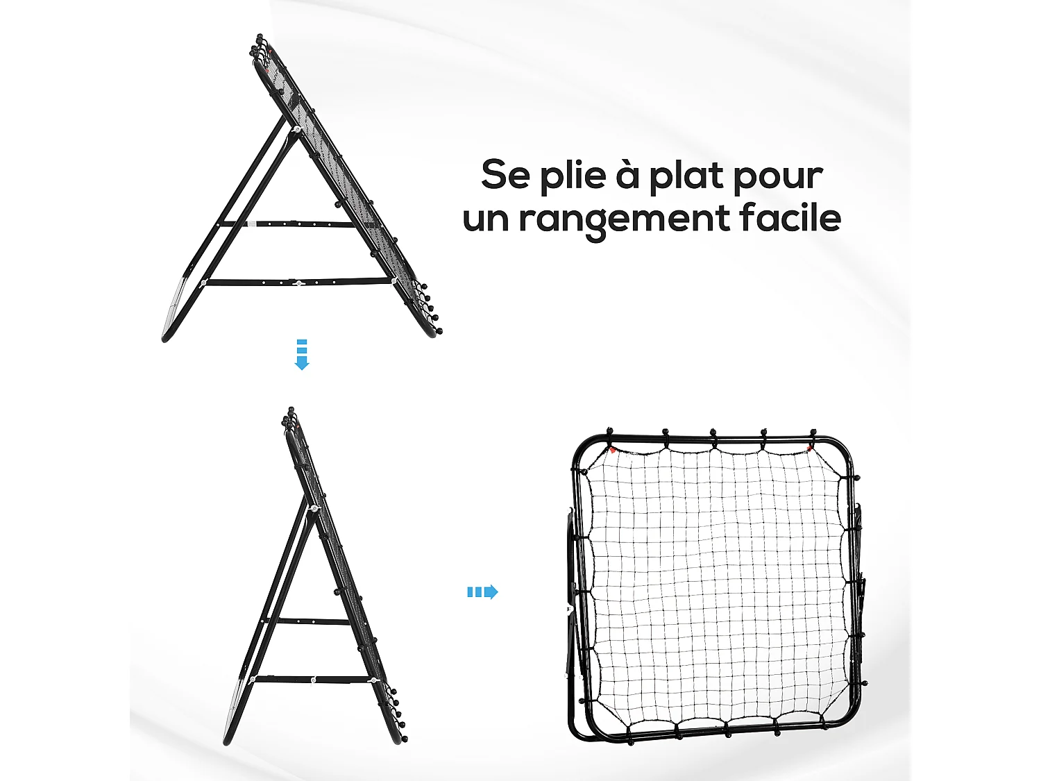 Filet de rebond pliable inclinaison réglable - piquets d'ancrage inclus - filet PE noir métal époxy noir
