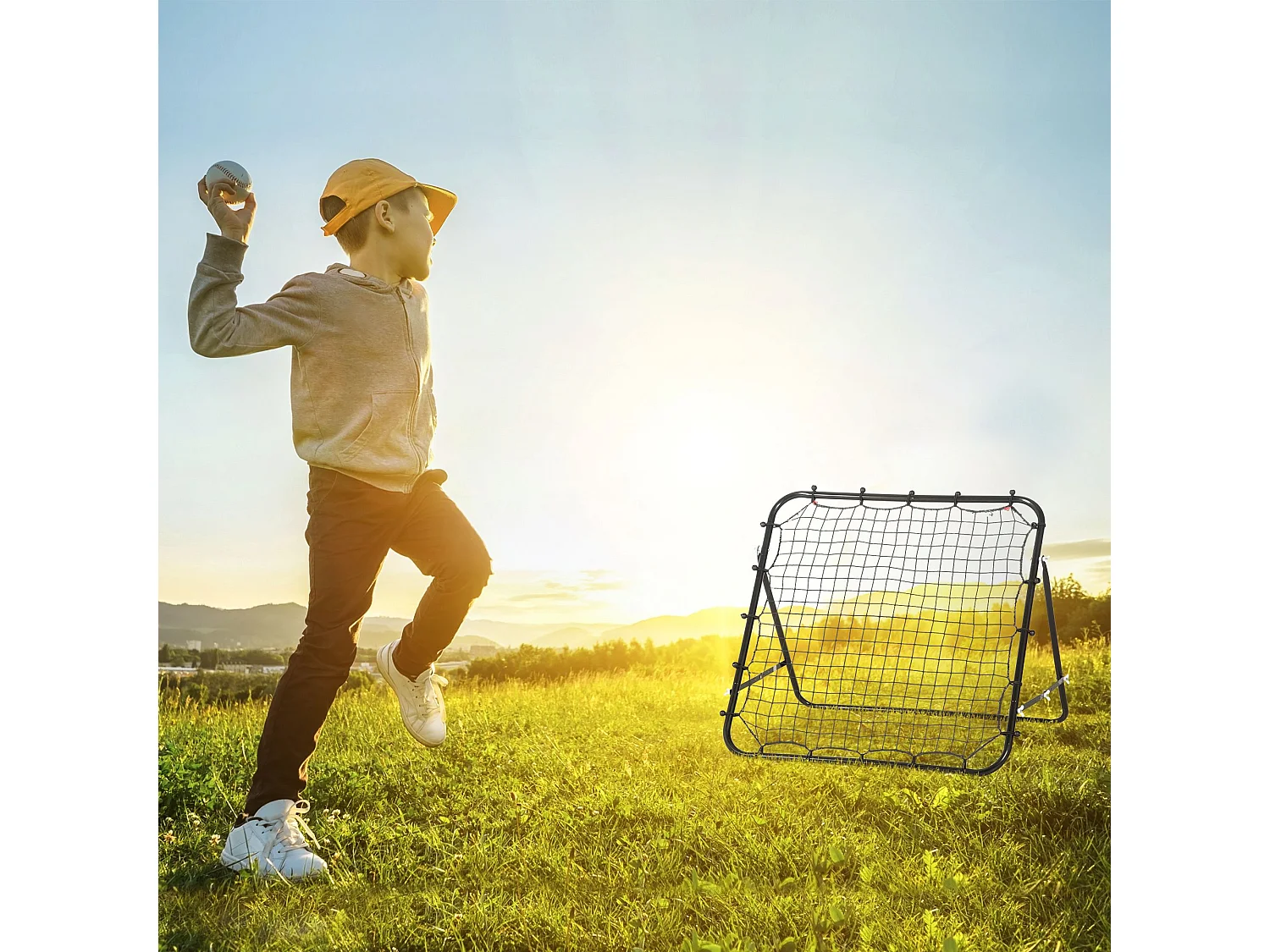 Filet de rebond pliable inclinaison réglable - piquets d'ancrage inclus - filet PE noir métal époxy noir