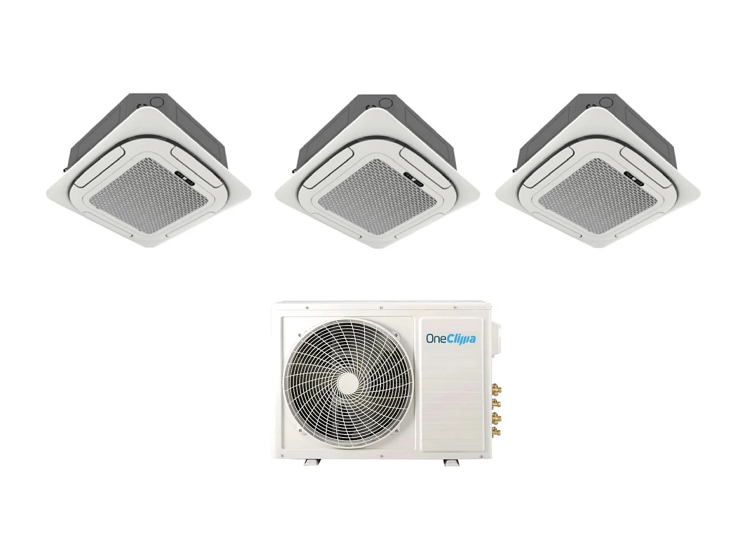 OneClima Test Split-Kassett Klimaanlage 4-Wege 12+12+12 mit R-32, Wi-Fi, Inklusive Gitter und Fernbedienung