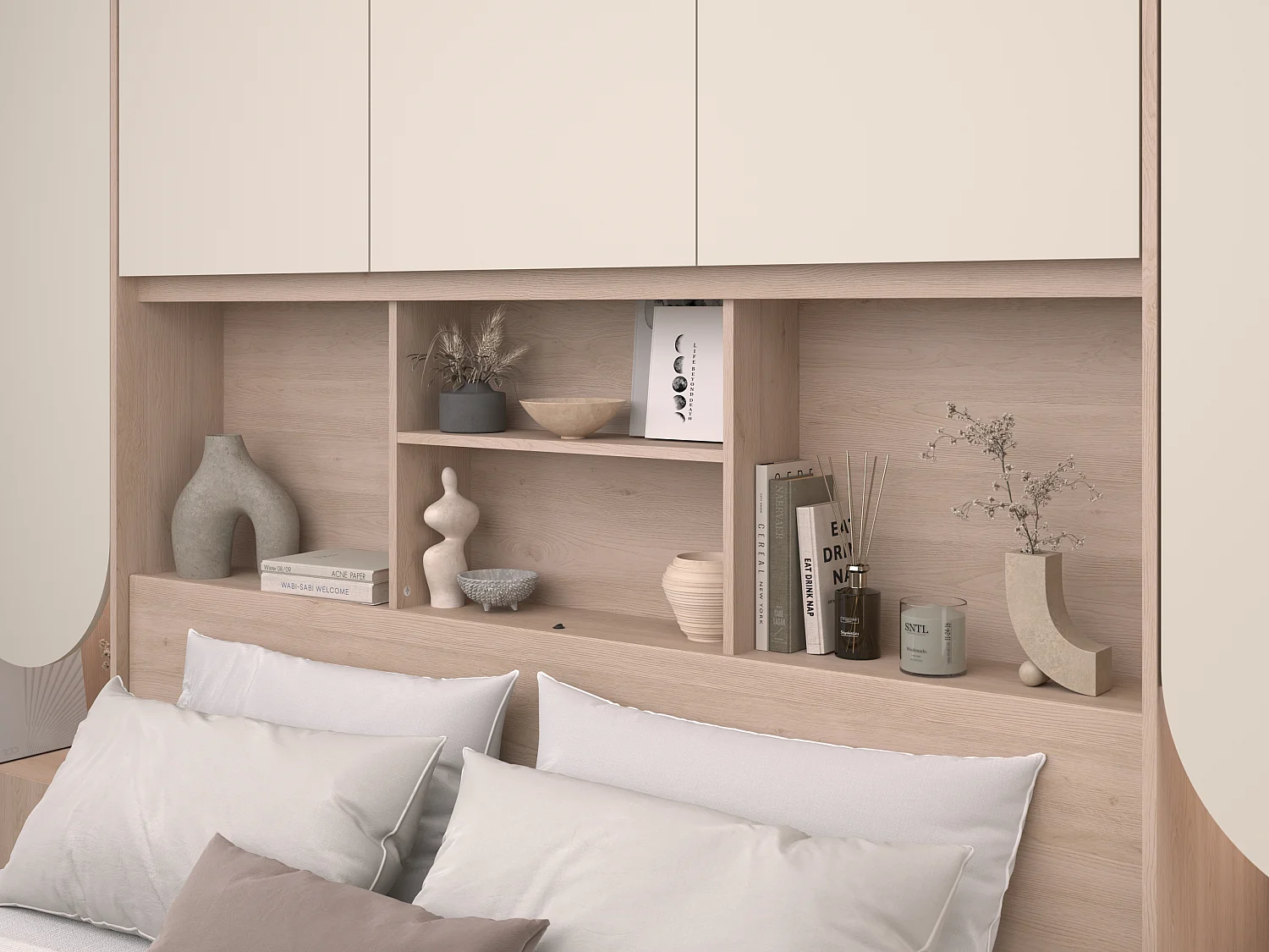 Lit pont 160 x 200 cm avec rangements - Avec LEDs - Coloris : Beige et naturel - DOMELITO