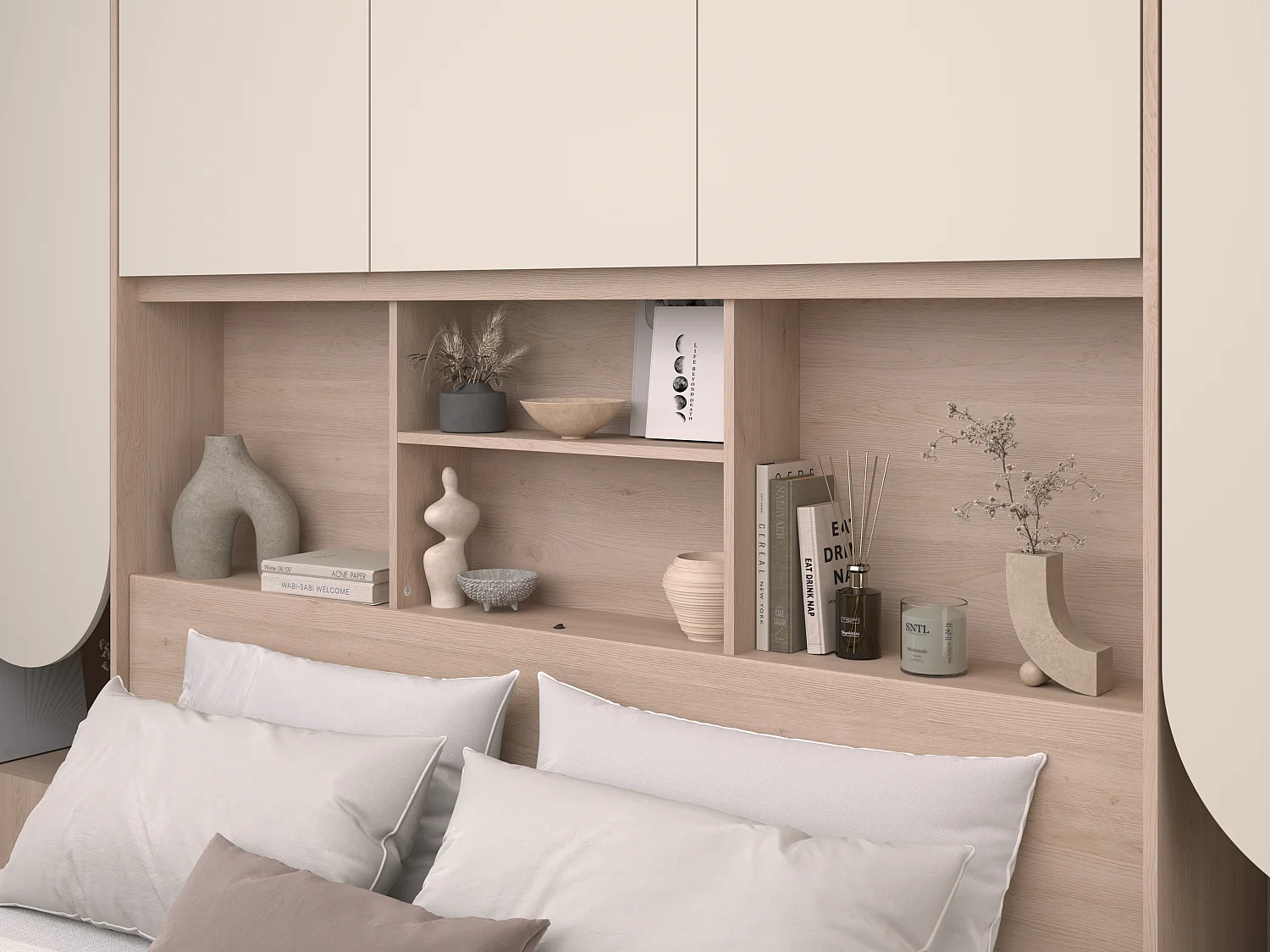 Letto a ponte 160 x 200 cm con vani portaoggetti - Con LED - Beige e naturale - DOMELITO