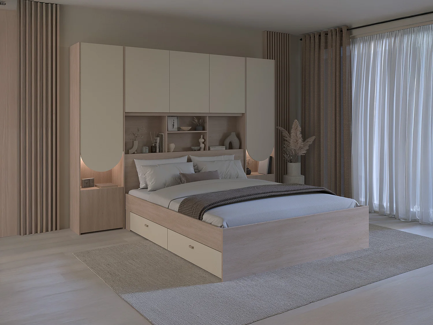 Letto a ponte 160 x 200 cm con vani portaoggetti - Con LED - Beige e naturale - DOMELITO