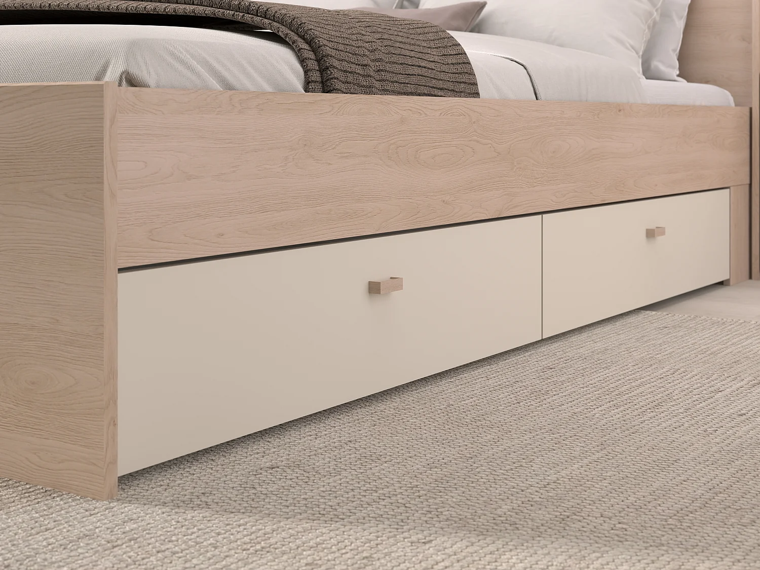 Letto a ponte 160 x 200 cm con vani portaoggetti - Con LED - Beige e naturale + Rete - DOMELITO