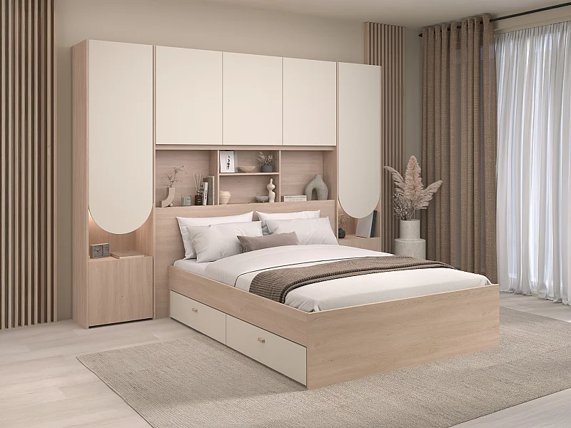Lit pont 160 x 200 cm avec rangements - Avec LEDs - Coloris : Beige et naturel + Sommier + Matelas - DOMELITO