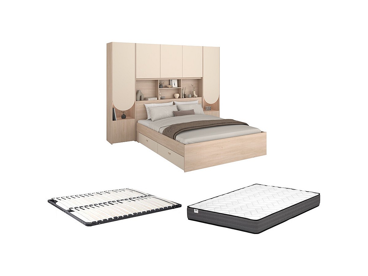 Hochbett 160 x 200 cm mit Stauraum + LEDs + Lattenrost + Matratze - Beige & günstig online kaufen