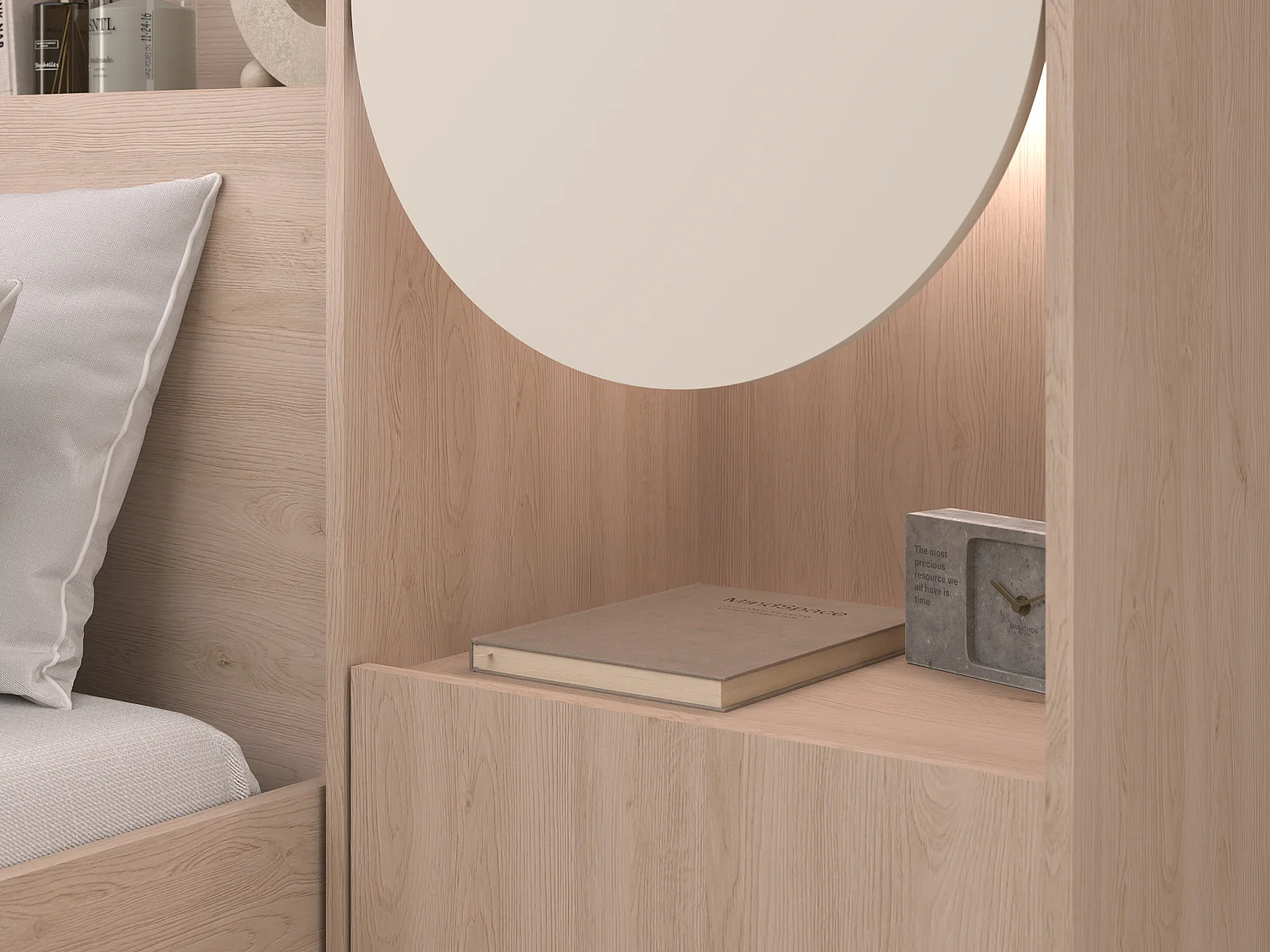 Lit pont 160 x 200 cm avec rangements - Avec LEDs - Coloris : Beige et naturel + Sommier + Matelas - DOMELITO