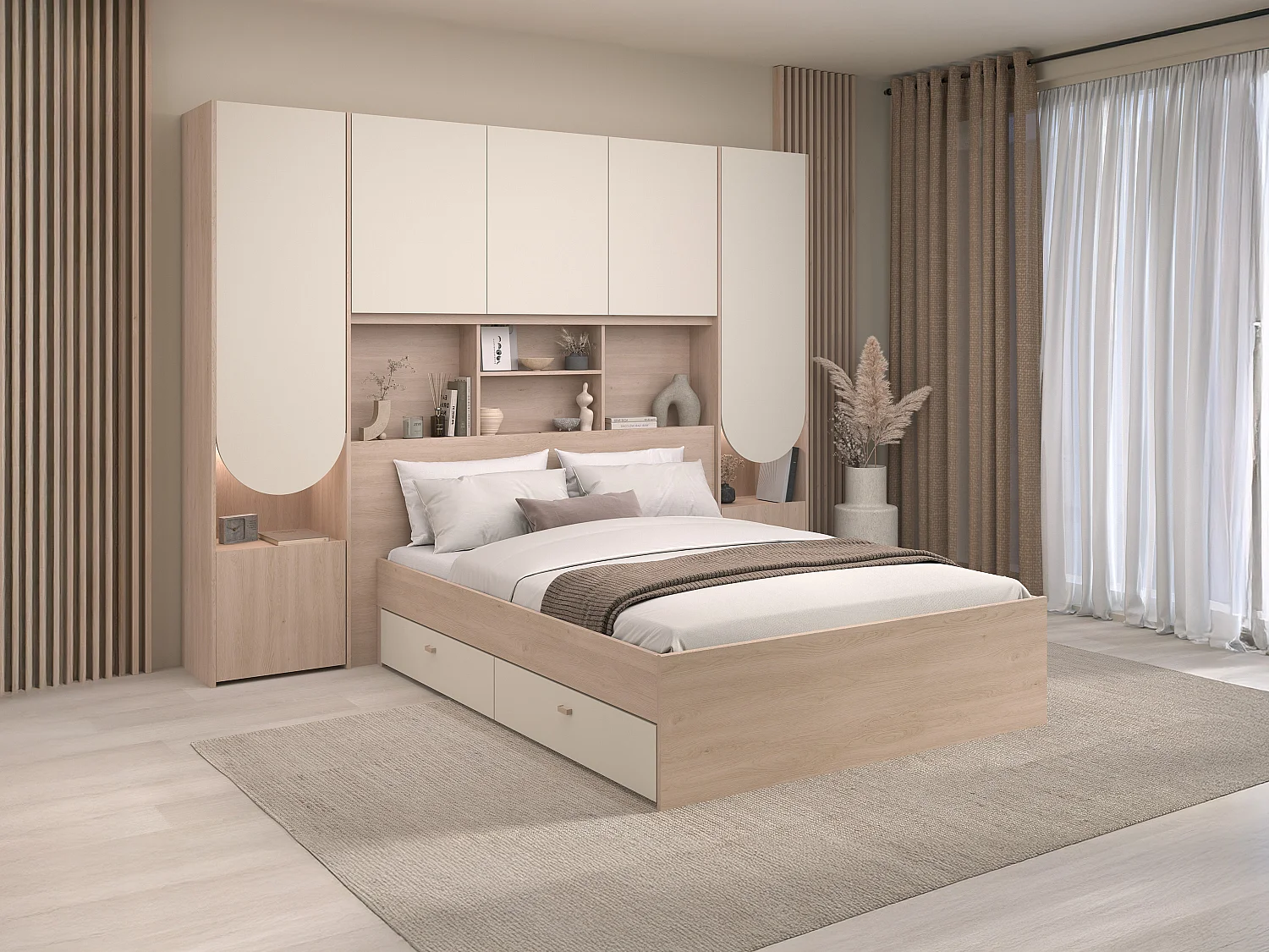 Letto a ponte 160 x 200 cm con vani portaoggetti - Con LED - Beige e naturale + Rete + Materasso - DOMELITO