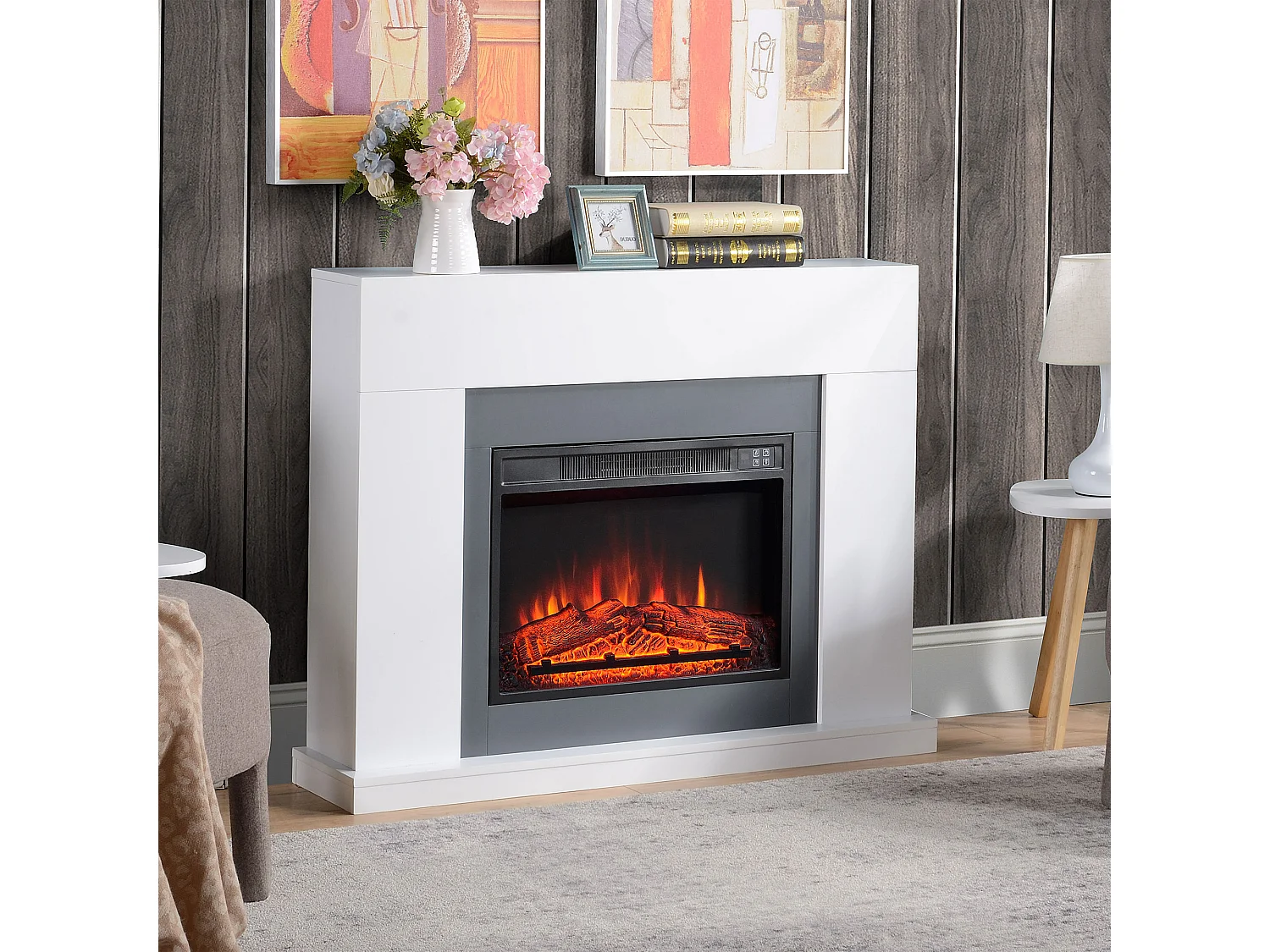 Easycomfort Camino Elettrico A Parete Con Led Effetto Fiamma E Timer, Copertura 37m², 2000w - Bianco