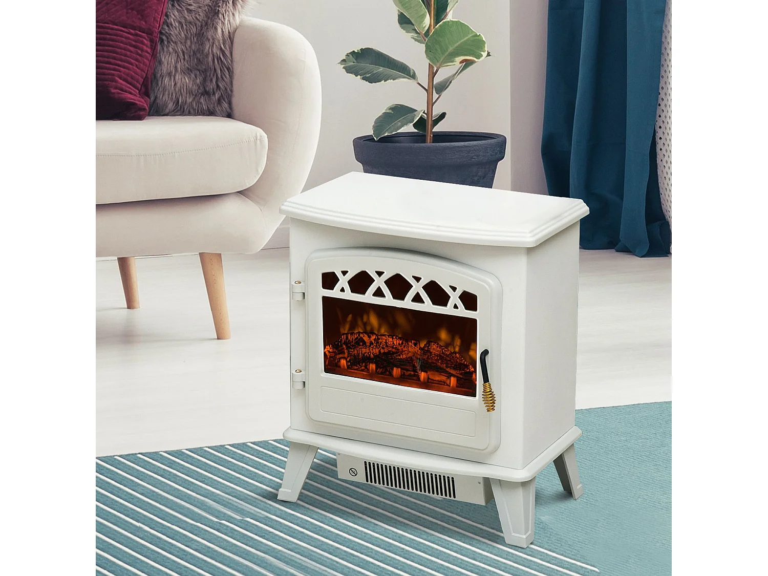 Easycomfort Camino Elettrico Da Terra Con Effetto Fiamma Regolabile 1800w, Bianco, 51x31x56cm