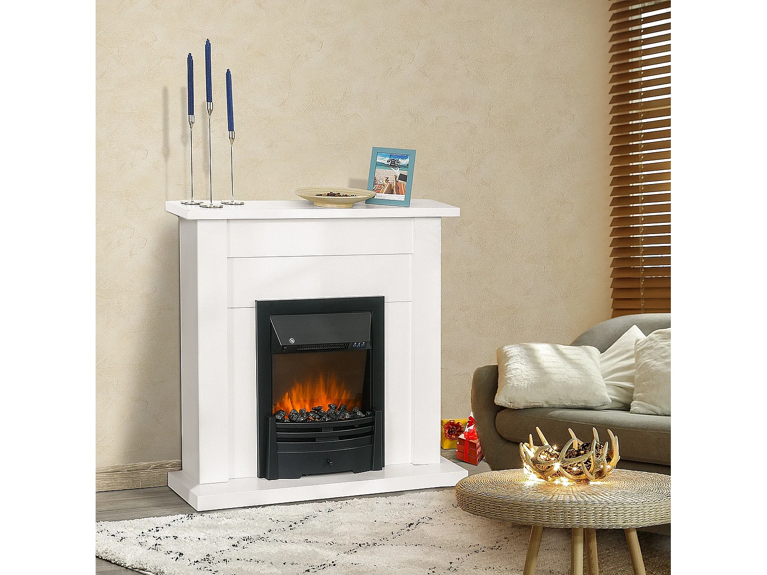 Easycomfort Camino Elettrico 1000w E 2000w, Effetto Fiamma Con Led A 5 Livelli Telecomando Vetro Temperato Bianco 102x30x95cm