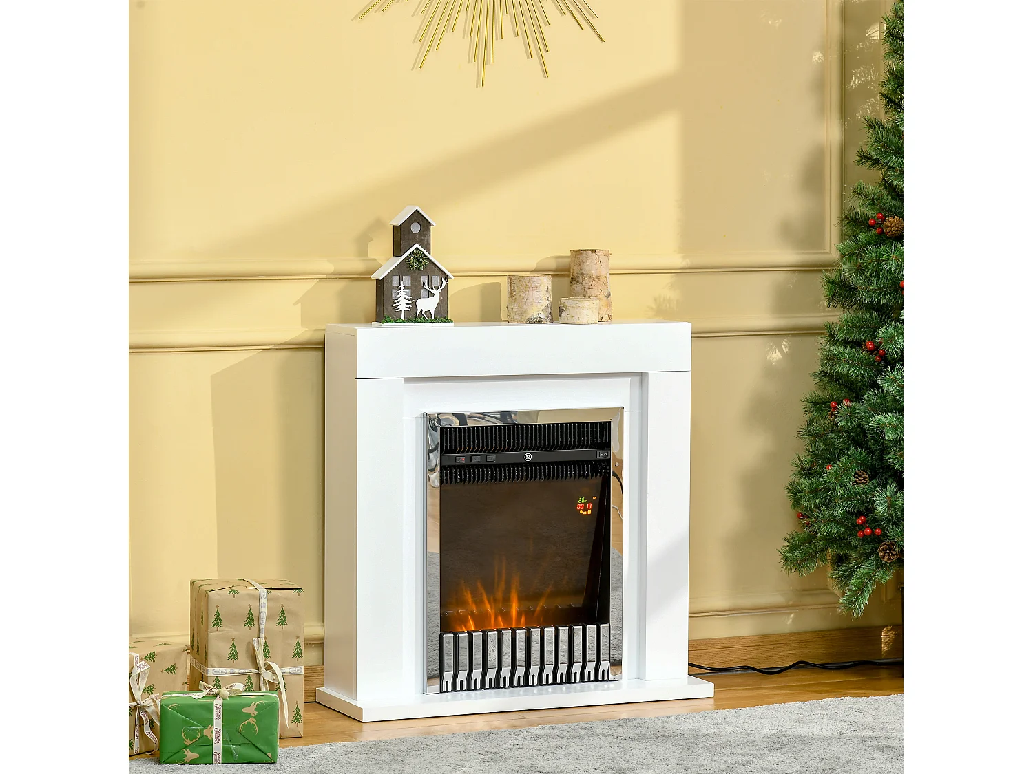 Easycomfort Camino Elettrico Da Terra Con Effetto Fiamma Realistico, Timer E Telecomando, 1000w E 2000w, 79x26x77.5cm, Bianco E Nero