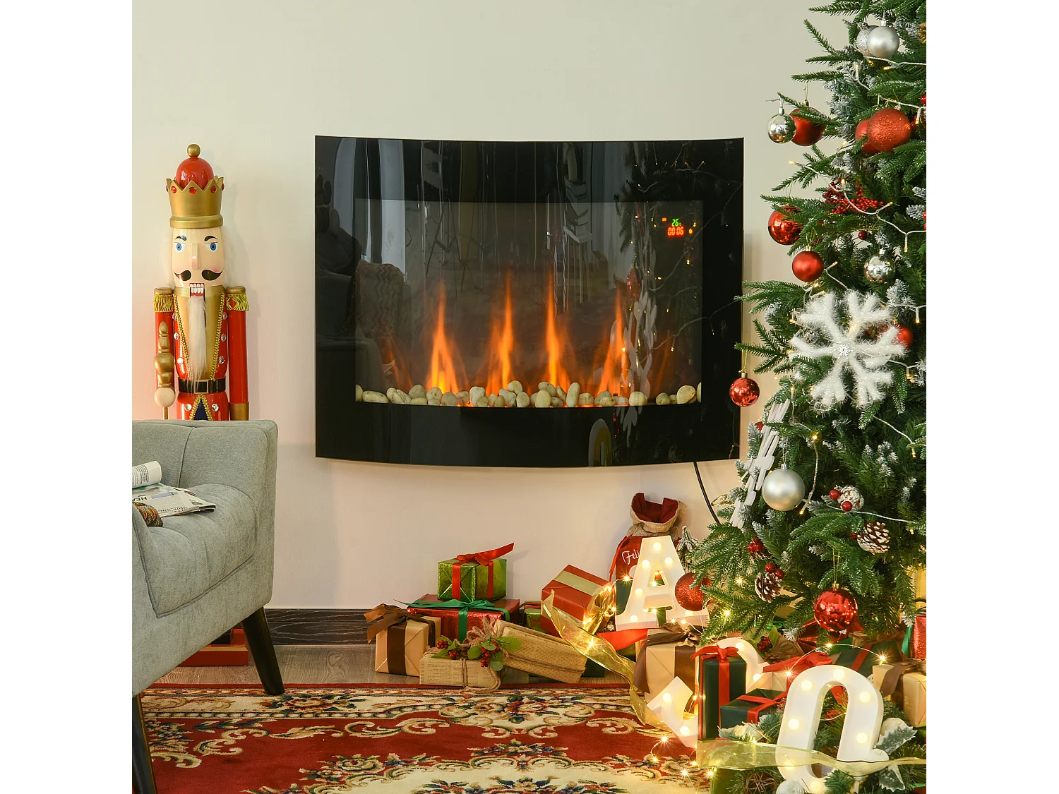 Easycomfort Caminetto Elettrico Da Parete Con Effetto Fiamma Colorato Con Telecomando, In Acciaio Inox E Vetro 65x11.4x52 Cm, Nero