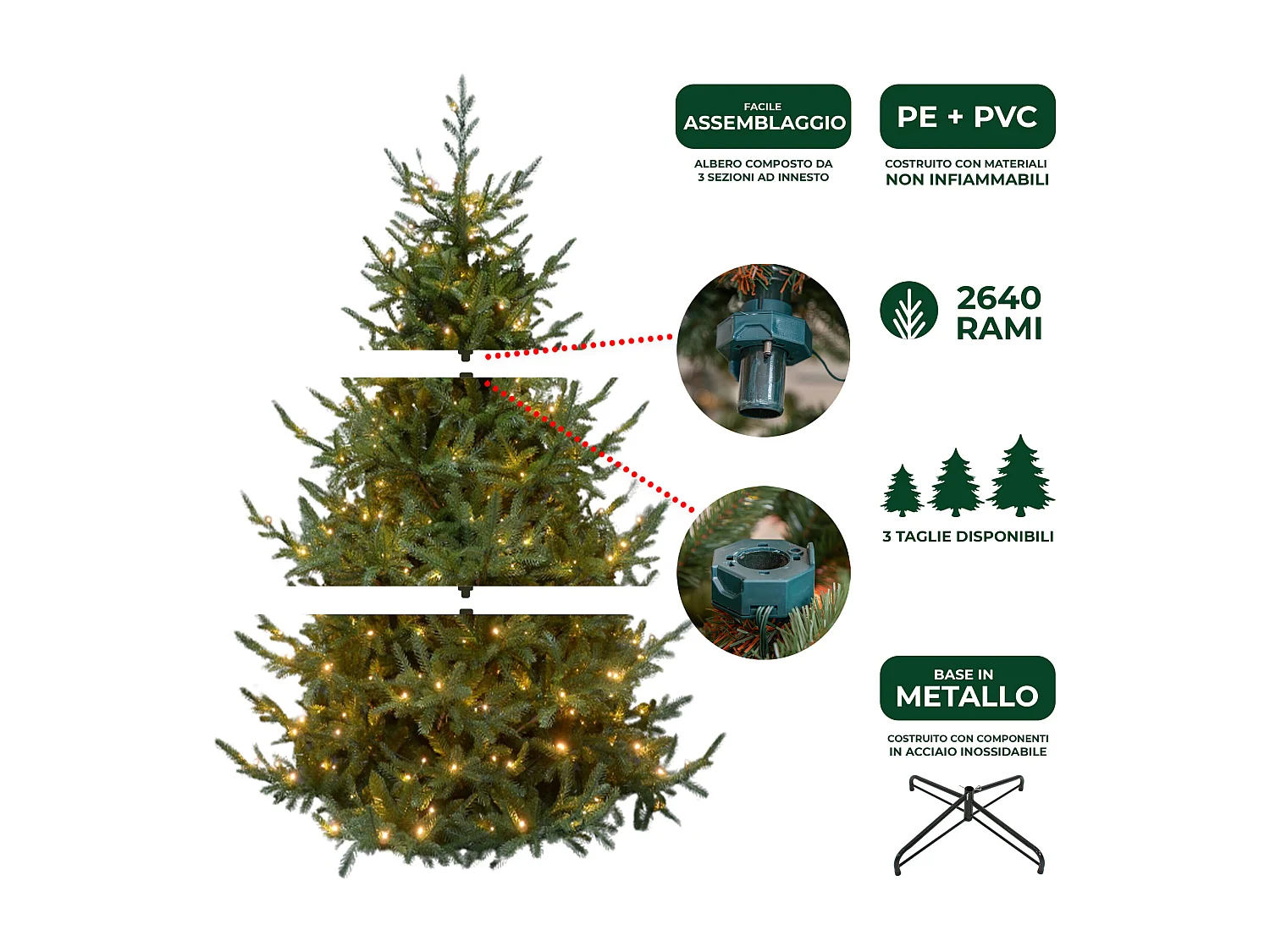 Albero Di Natale Artificiale Verde Sestriere H 210cm X L 150cm Super Folto Con 500 Luci Led + 20 Luci Flash Incorporate 2640 Tips E Base A Croce In M