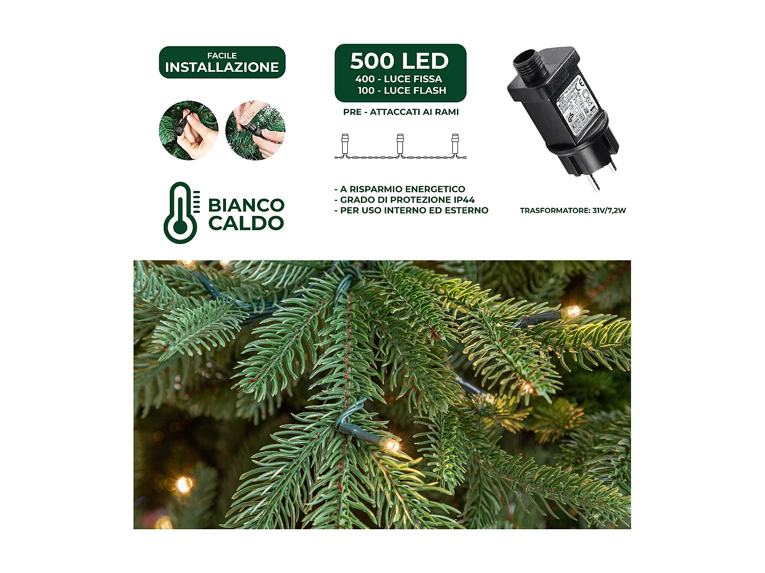 Albero Di Natale Artificiale Verde Sestriere H 210cm X L 150cm Super Folto Con 500 Luci Led + 20 Luci Flash Incorporate 2640 Tips E Base A Croce In M