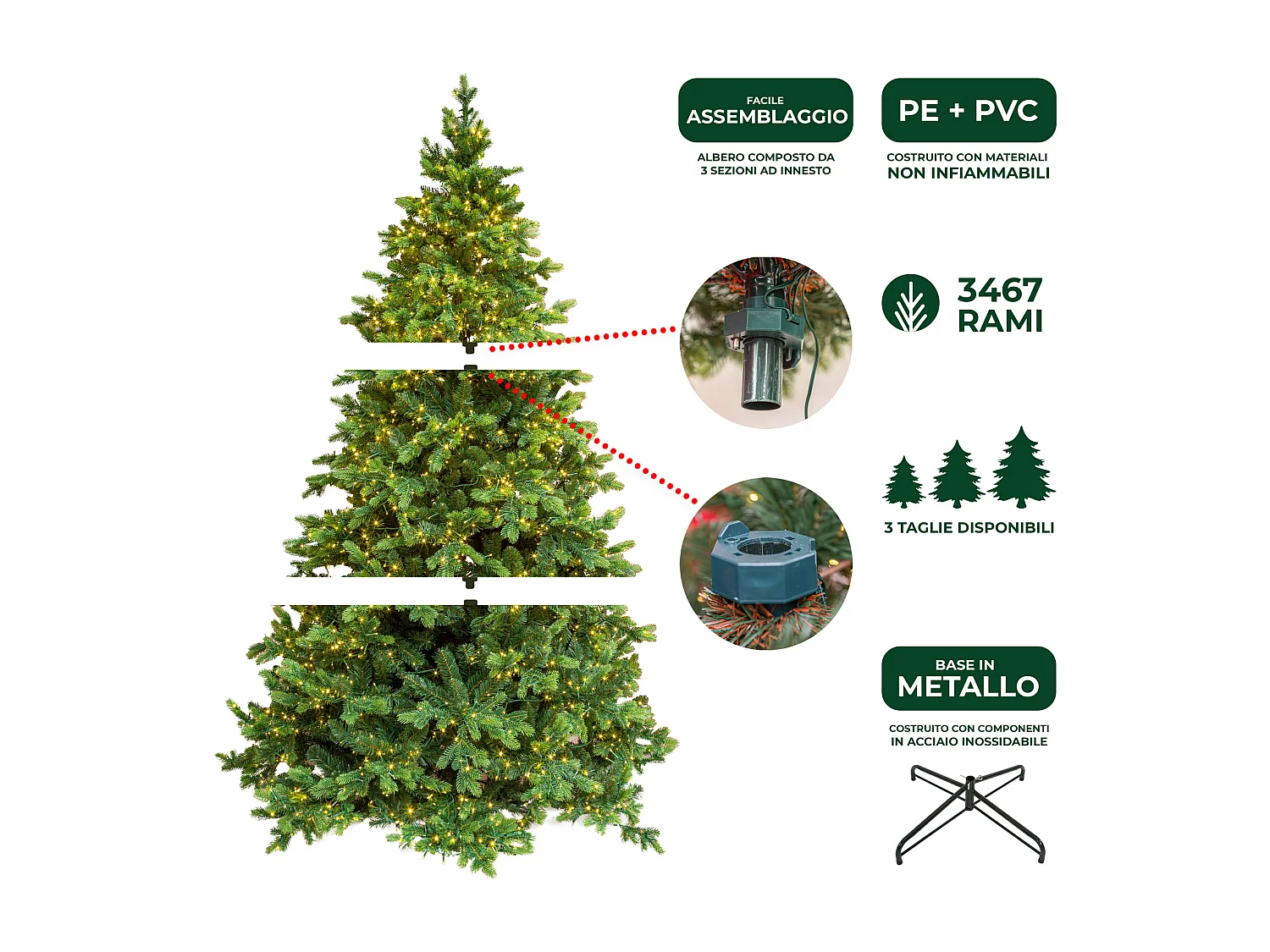 Albero Di Natale Artificiale Verde Courmayeur H 210cm X L 135cm Super Folto Con 3000 Luci Led Incorporate 3647 Tips E Base A Croce In Metallo