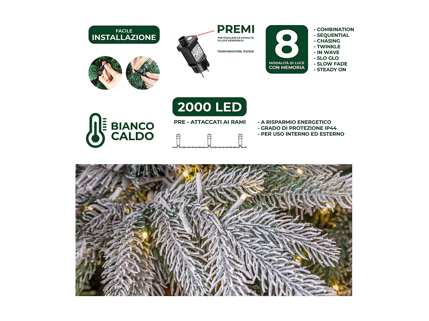 Albero Di Natale Pino Verde Innevato St. Moritz H 180cm X L 130cm Super Folto Effetto Real-Touch Con 2000 Luci Led Incorporate 1958 Tips E Base Croce