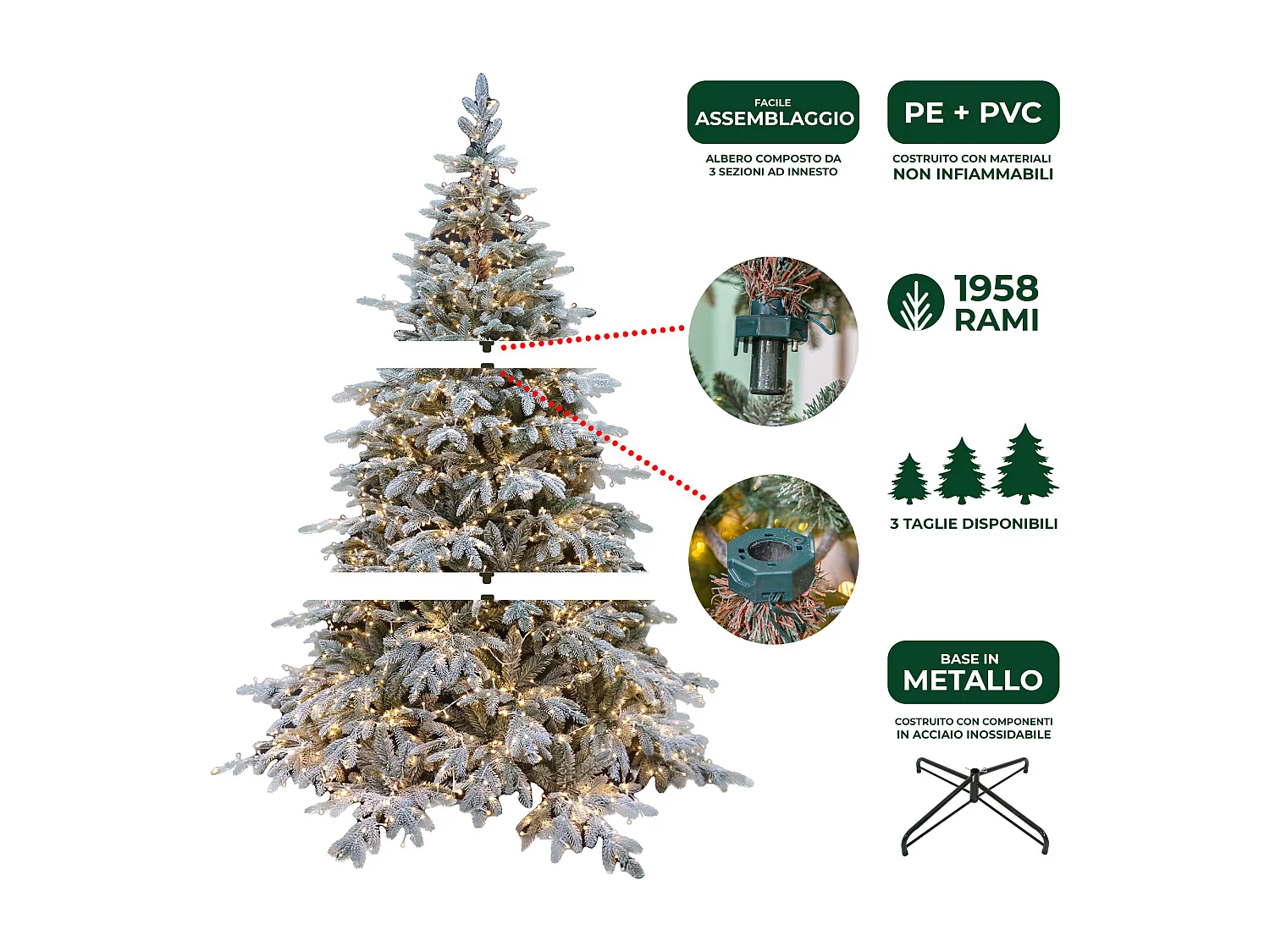 Albero di Natale Pino Verde Innevato Le Stelle St. Moritz H 180cm x L 130cm Super Folto Effetto Real-Touch con 2000 Luci Led Incorporate 1958 Rami