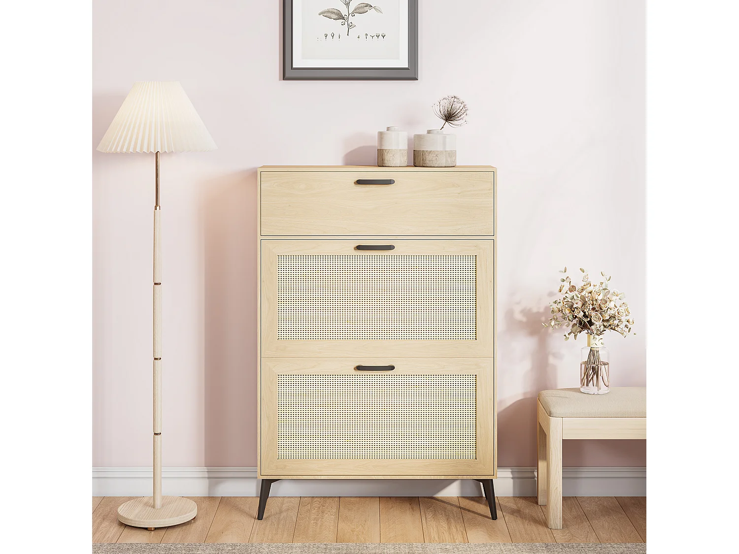 Meuble à chaussures-étagère à chaussures étroite en rotin avec séparateurs réglables-meuble à chaussures ultra-mince-80 x 24 x 114 cm