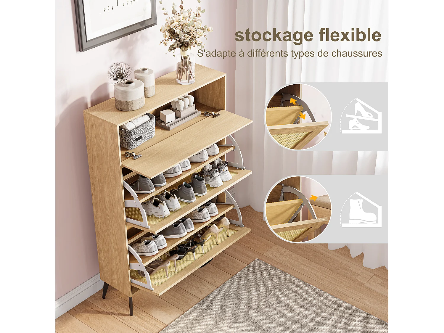 Meuble à chaussures-étagère à chaussures étroite en rotin avec séparateurs réglables-meuble à chaussures ultra-mince-80 x 24 x 114 cm