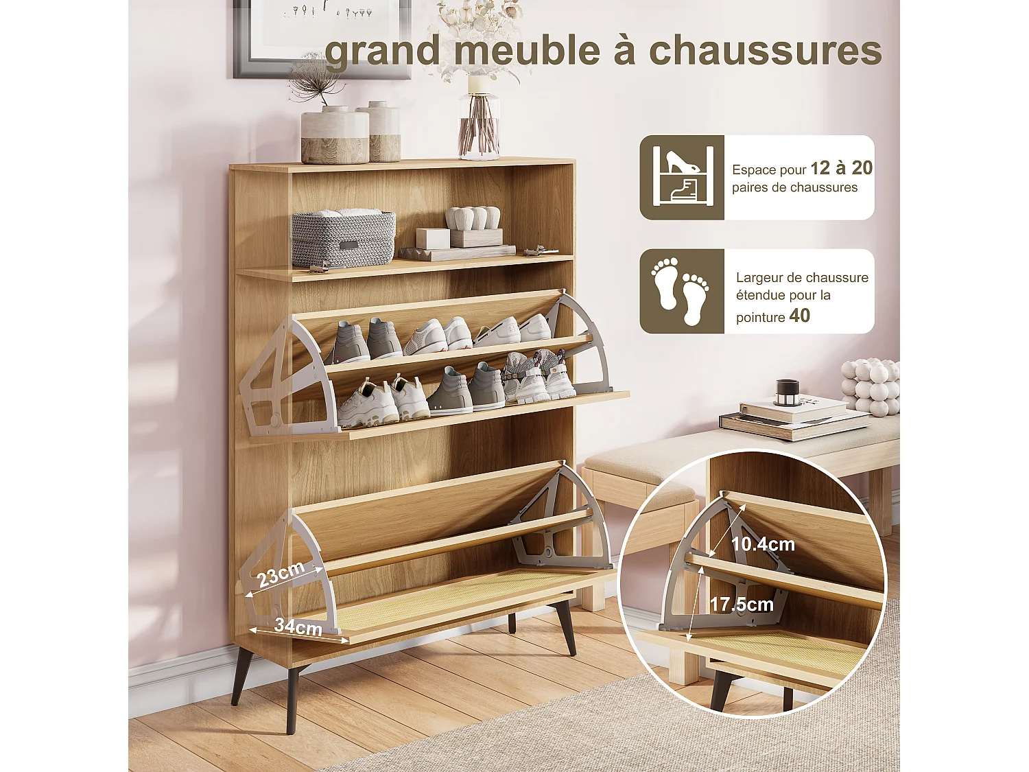 Meuble à chaussures-étagère à chaussures étroite en rotin avec séparateurs réglables-meuble à chaussures ultra-mince-80 x 24 x 114 cm