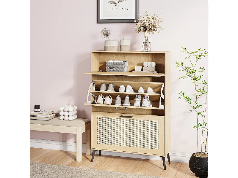 Meuble à chaussures-étagère à chaussures étroite en rotin avec séparateurs réglables-meuble à chaussures ultra-mince-80 x 24 x 114 cm
