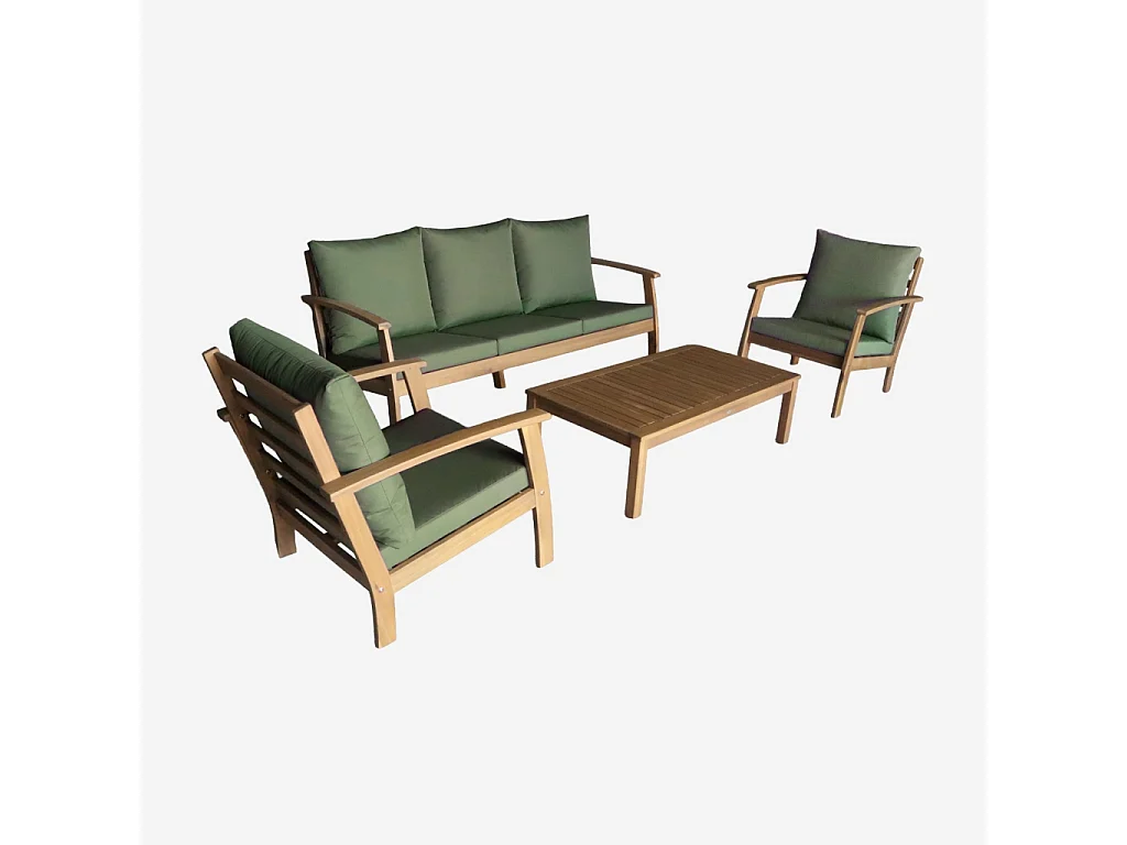 Salon de jardin USHUAIA 5 places kaki en bois d'acacia. un canapé. une table. deux fauteuils