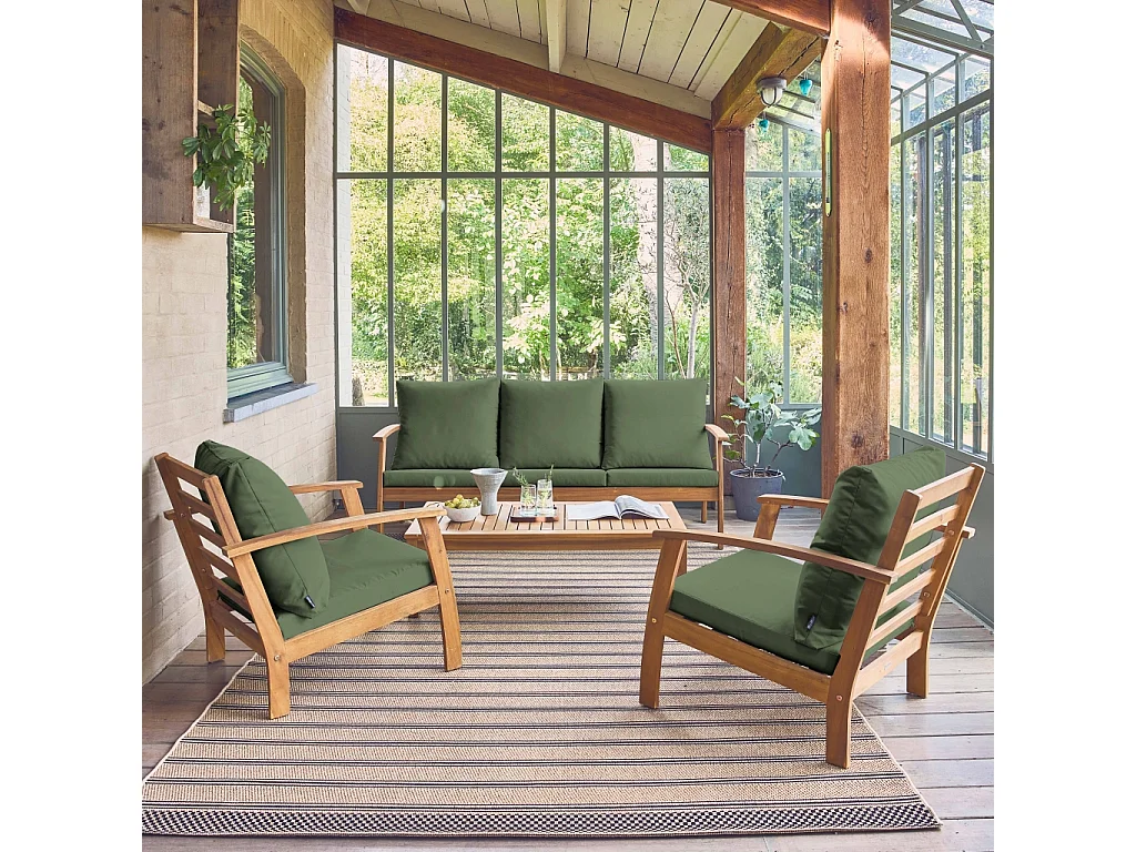 Salon de jardin USHUAIA 5 places kaki en bois d'acacia. un canapé. une table. deux fauteuils