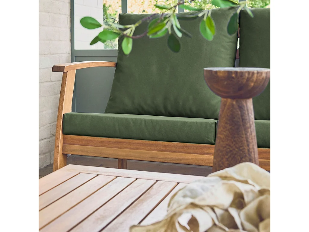 Salon de jardin USHUAIA 5 places kaki en bois d'acacia. un canapé. une table. deux fauteuils