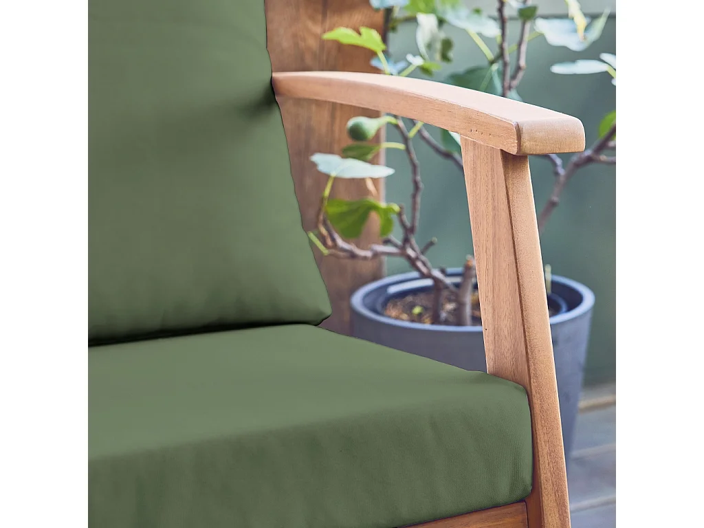 Salon de jardin USHUAIA 5 places kaki en bois d'acacia. un canapé. une table. deux fauteuils