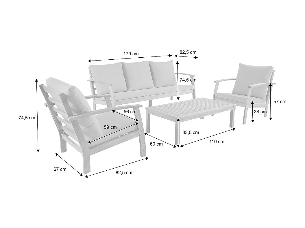 Salon de jardin USHUAIA 5 places kaki en bois d'acacia. un canapé. une table. deux fauteuils