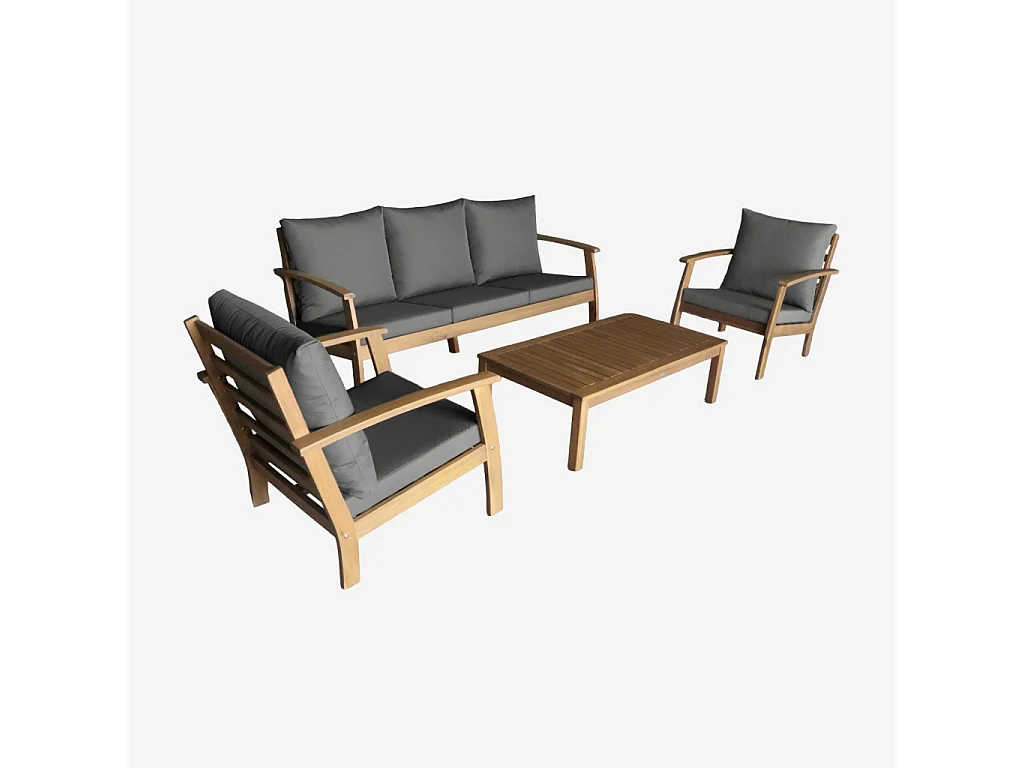 Salon de jardin USHUAIA 5 places gris en bois d'acacia. un canapé. une table. deux fauteuils