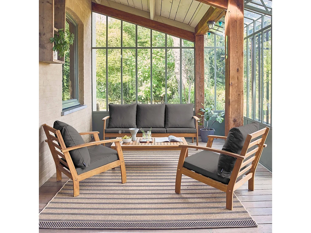 Salon de jardin USHUAIA 5 places gris en bois d'acacia. un canapé. une table. deux fauteuils