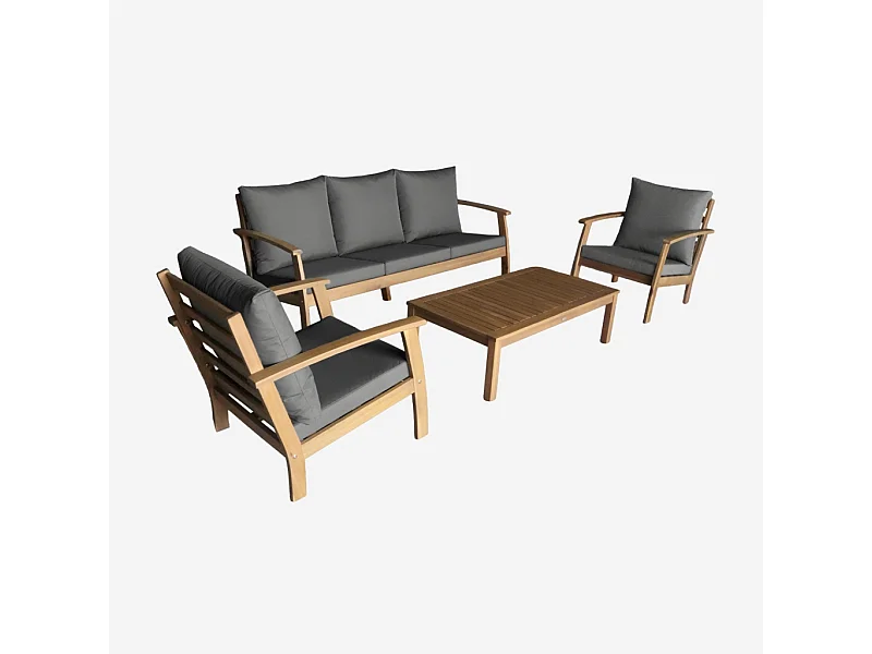 Salon de jardin USHUAIA 5 places gris en bois d'acacia. un canapé. une table. deux fauteuils