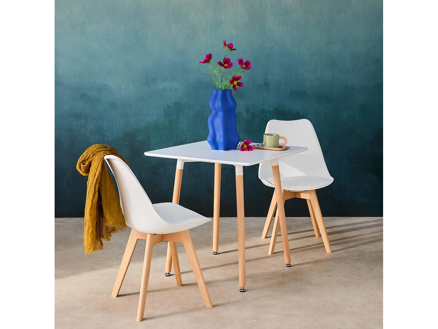 Conjunto de mesa de comedor cuadrada 70cm + 2 sillas escandinavas