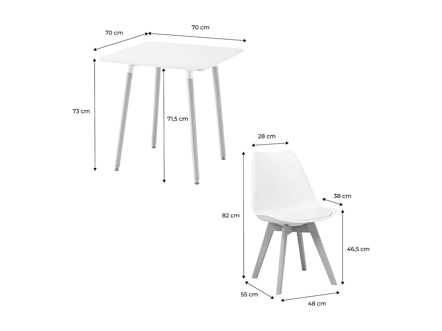 Set da pranzo composto da tavolo quadrato e 2 sedie, 70cm, bianco
