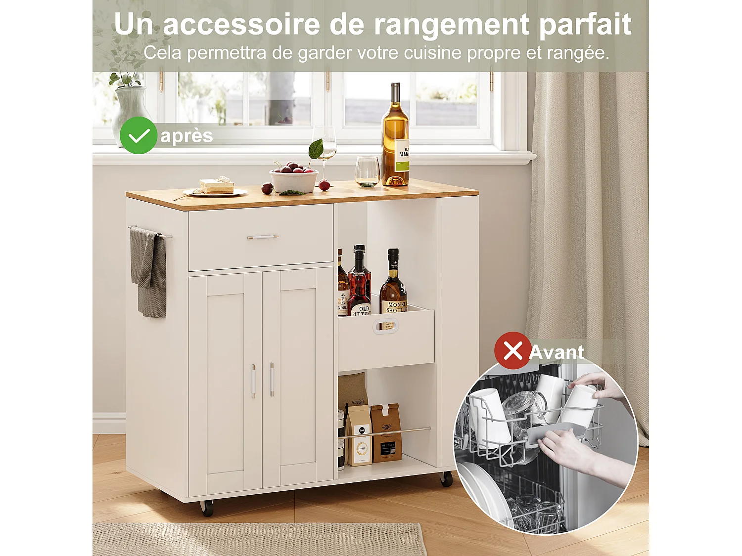 Îlot de cuisine à roulettes, chariot de cuisine mobile avec plan de travail et rangements, meuble de rangement, 102 × 46 × 92 cm,Blanc