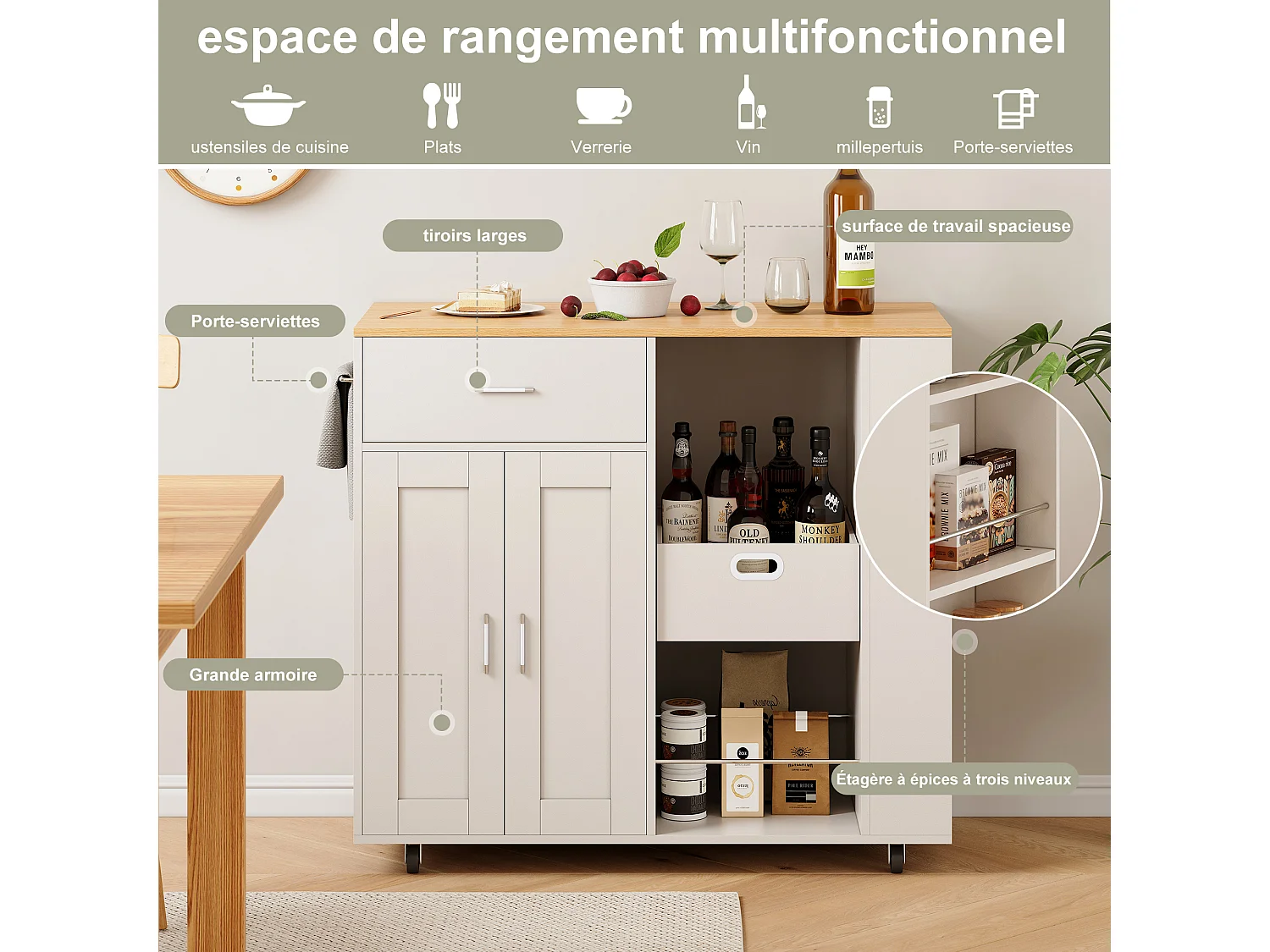 Îlot de cuisine à roulettes, chariot de cuisine mobile avec plan de travail et rangements, meuble de rangement, 102 × 46 × 92 cm,Blanc