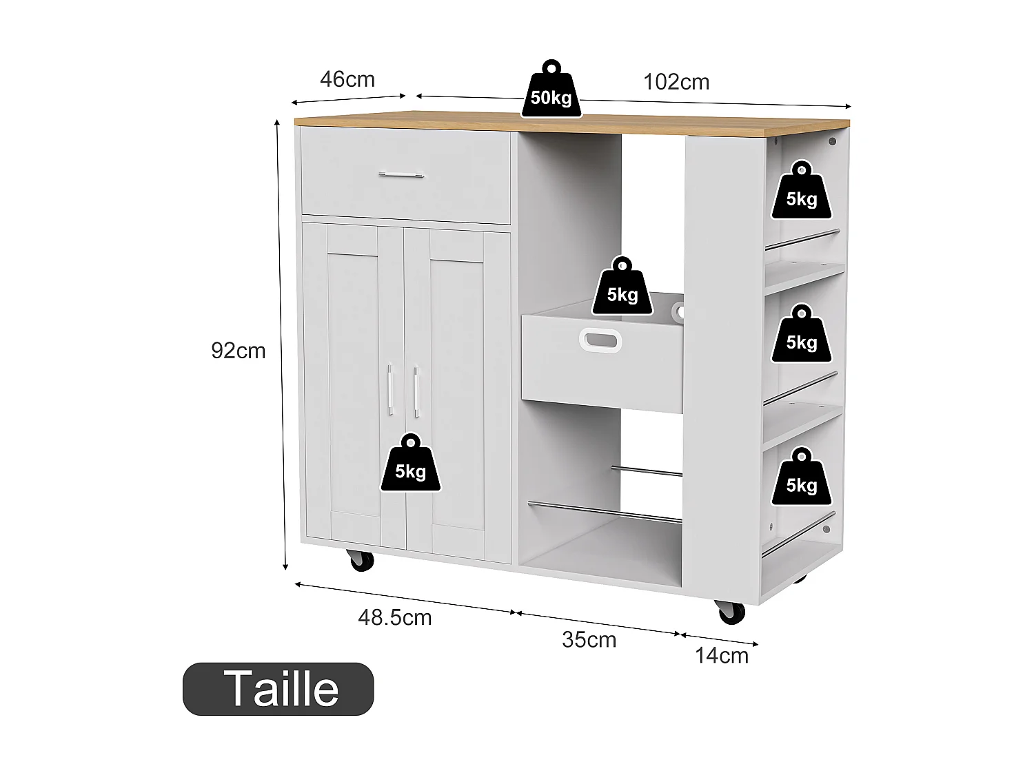 Îlot de cuisine à roulettes, chariot de cuisine mobile avec plan de travail et rangements, meuble de rangement, 102 × 46 × 92 cm,Blanc