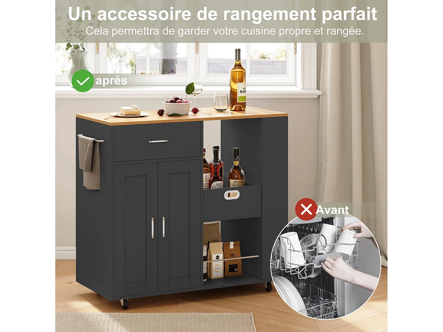 Îlot de cuisine à roulettes, chariot de cuisine mobile avec plan de travail et rangements, meuble de rangement, 102 × 46 × 92 cm,Noir