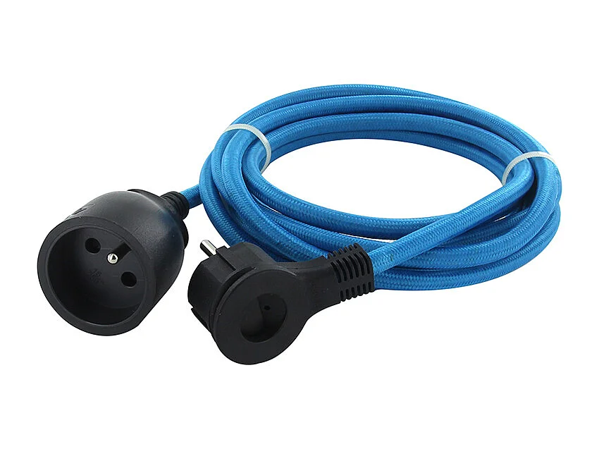 Prolongateur textile fiche plate 3m - bleu clair et noir - Chacon