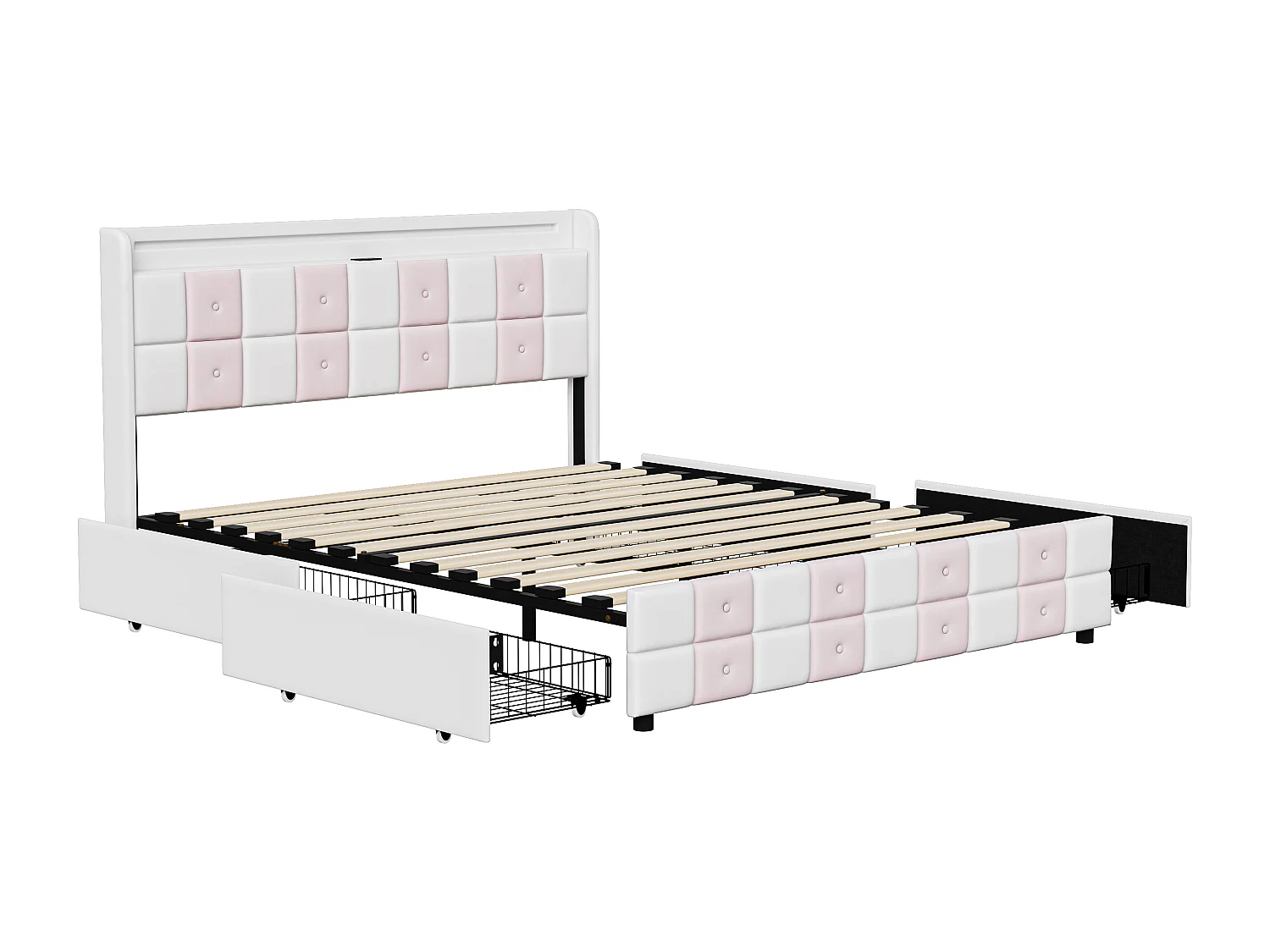 Lit double 140 x 200 cm, capitonné, avec prise USB et lampe LED, lit adulte avec 4 tiroirs de rangement, sommier à lattes en bois, velours